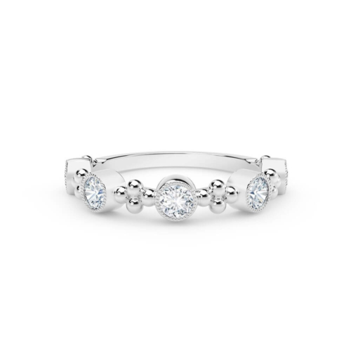a white gold ring with three round diamonds