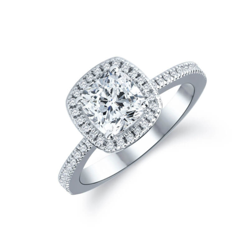 a cushion cut diamond ring with pave set shoulders