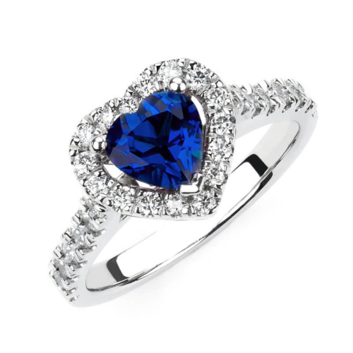 a heart shaped blue sapphire and diamond ring