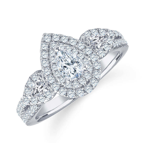 a white gold ring with two pear shaped diamonds