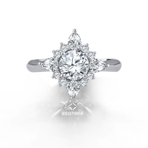 an engagement ring with a flower shaped diamond center