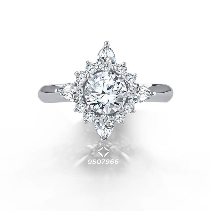 an engagement ring with a flower shaped diamond center