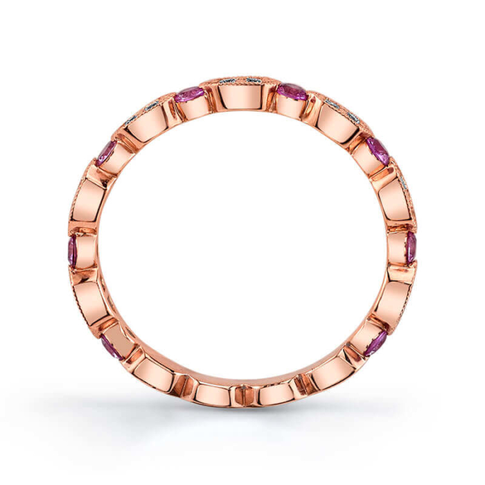 an 18 carat rose gold ring with pink sapphires and diamonds