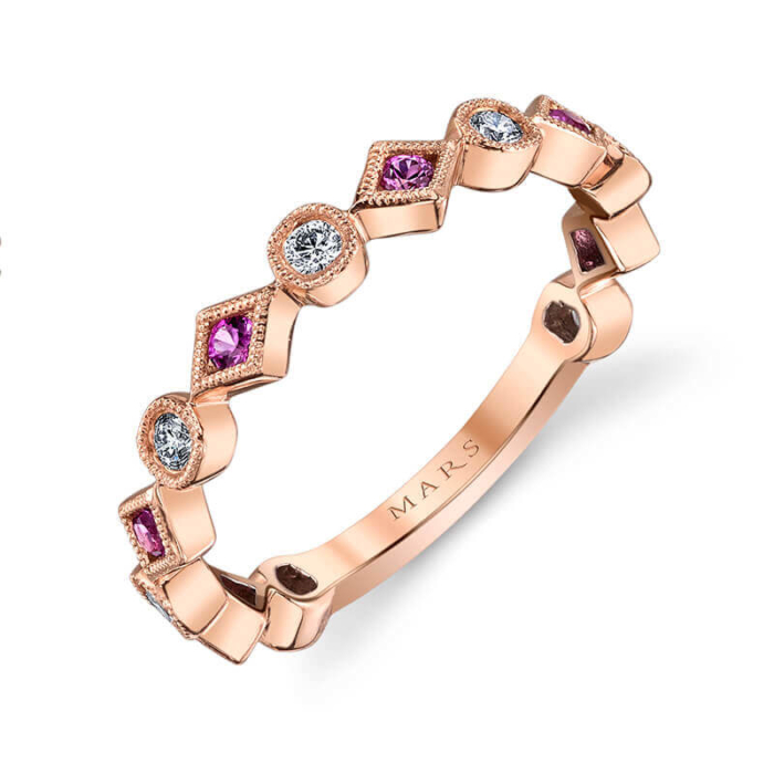 a rose gold ring with pink and white diamonds