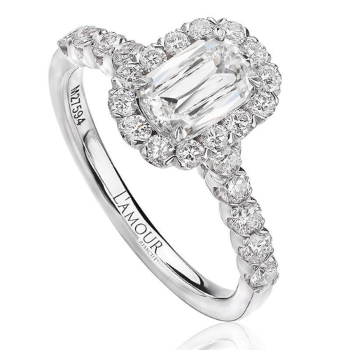 a diamond engagement ring with an oval halo setting