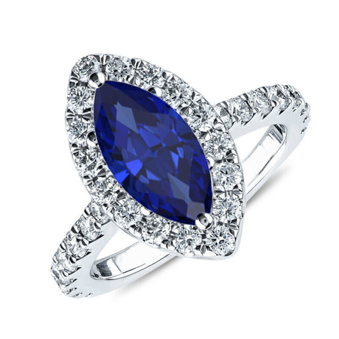 a ring with a blue stone surrounded by diamonds