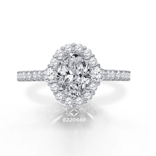 an oval cut diamond engagement ring with halos