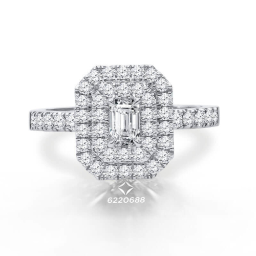 an engagement ring with a diamond center surrounded by diamonds