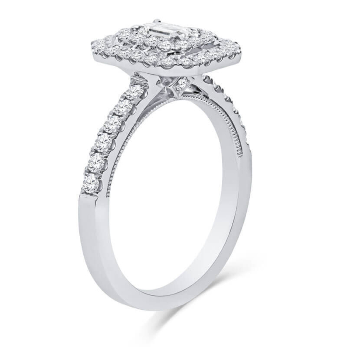 a white gold engagement ring with two rows of diamonds