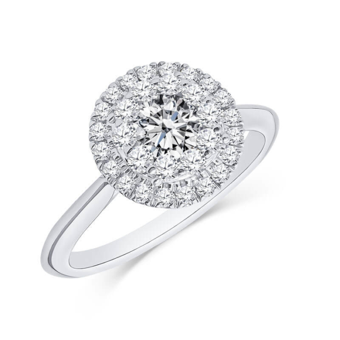 a white gold ring with a round diamond surrounded by small diamonds