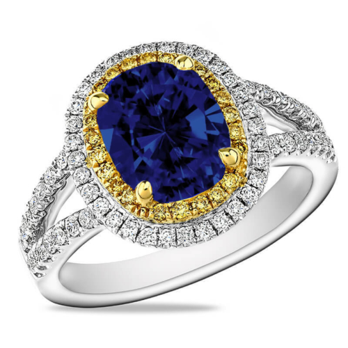 a blue and yellow diamond ring on a white background
